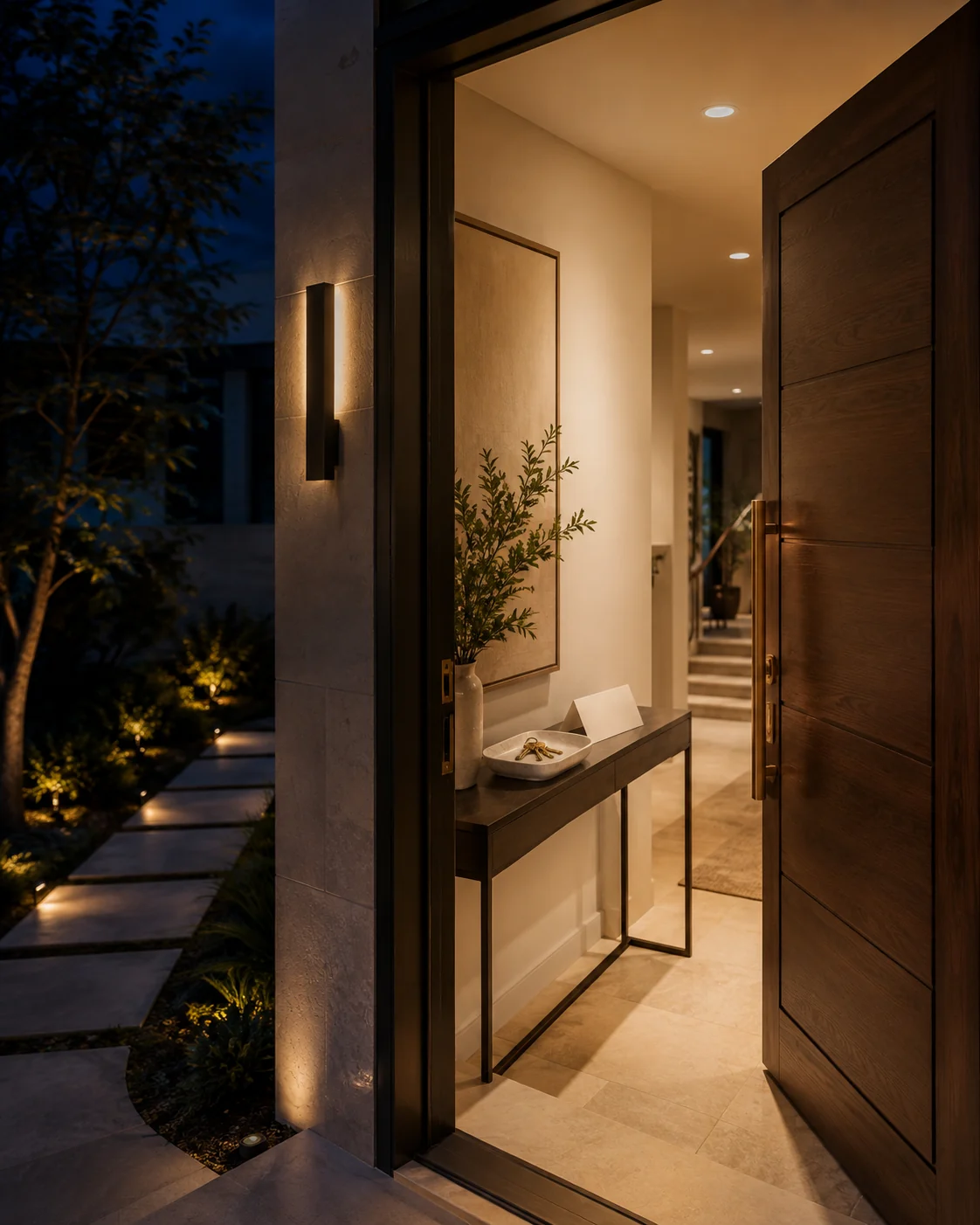 An illuminated modern home entrance with an open front door